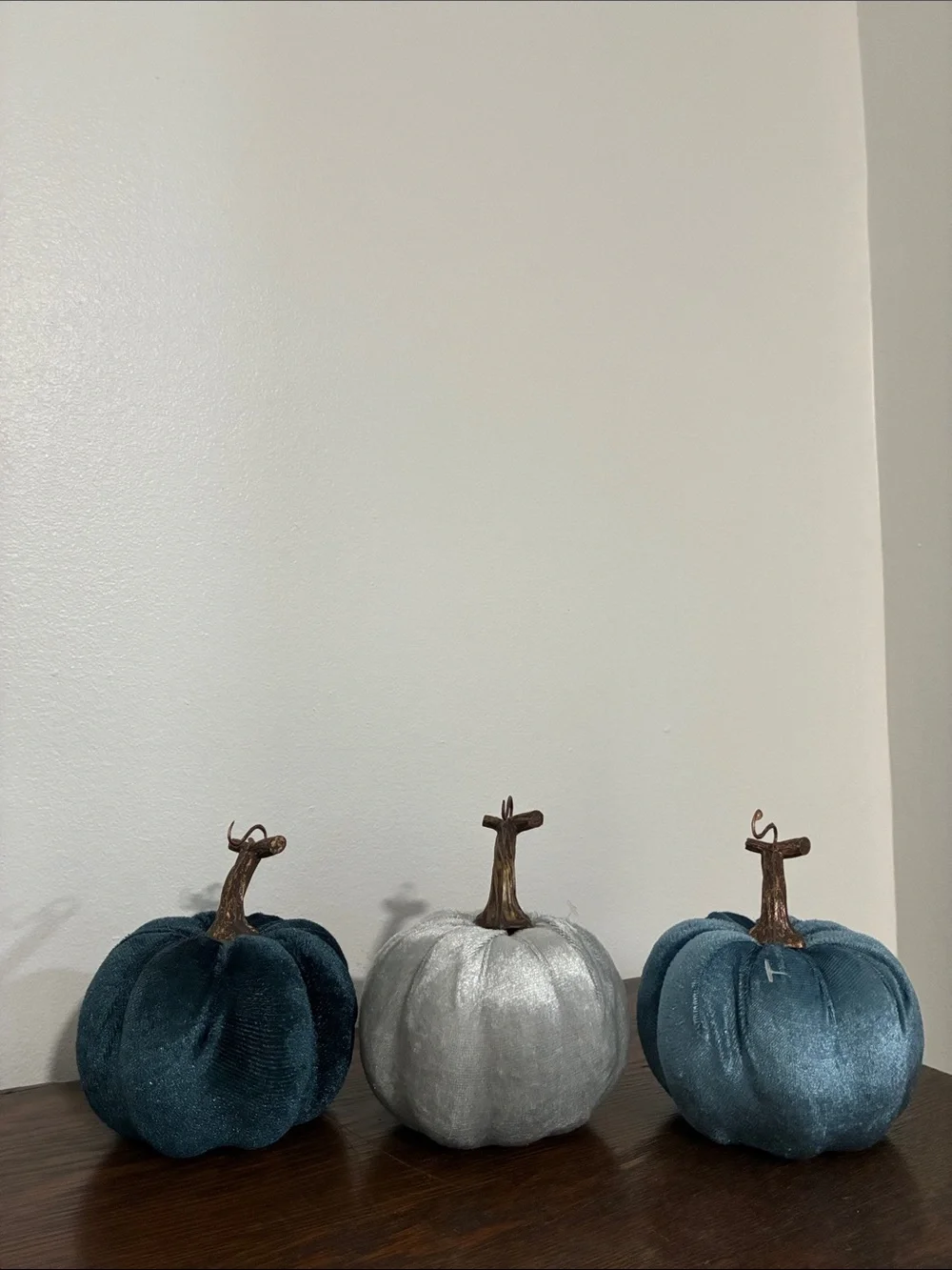 NWT Set of 3- Velvet Pumpkins- Dark Blue, Silver, Teal Fall Holiday Decorations